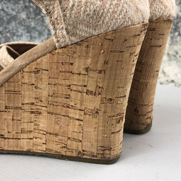 TOMS Womens 7.5 Sienna Tan Woven Diamond Pattern Cork High Heel Wedge Sandals - Picture 6 of 13